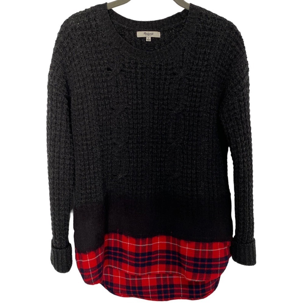 Madewell Cable Knit Merino Wool Sweater Woman’s Sz S Plaid Flannel Bottom